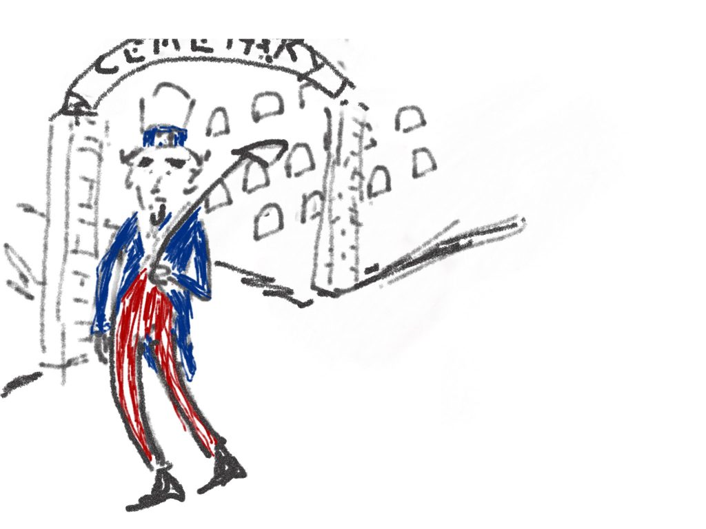 cartoon of Uncle Sam leaving a graveyard with a shovel over his shoulder