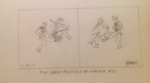 two panel cartoon, each panel showing one man kicking another man in the ass