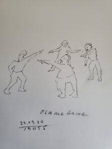 cartoon of men pointing fingers at each other