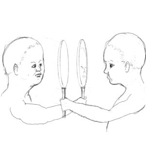 cartoon of two babies, each holding up a mirror to the face of the other