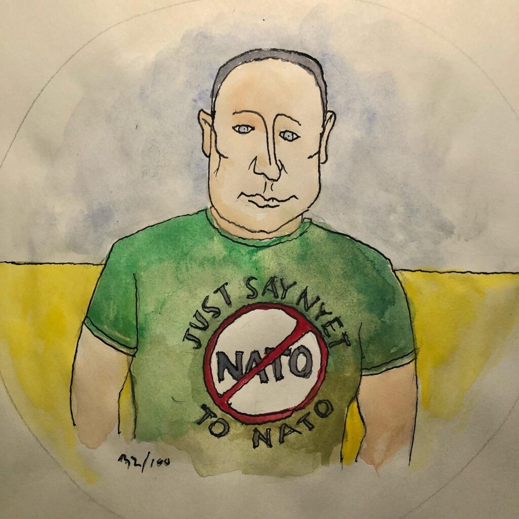 charicature of Vladimir Putin wearning Tshirt that says "Just say Nyet to Nato"