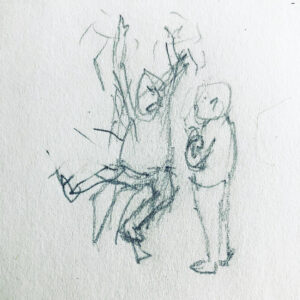 cartoon of one man gesticulately wildly in front of another man standing calmly with his arms crossed